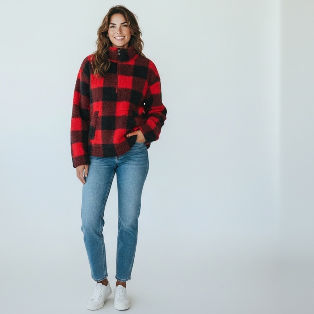 Red & Black Sherpa Pullover / Sz L